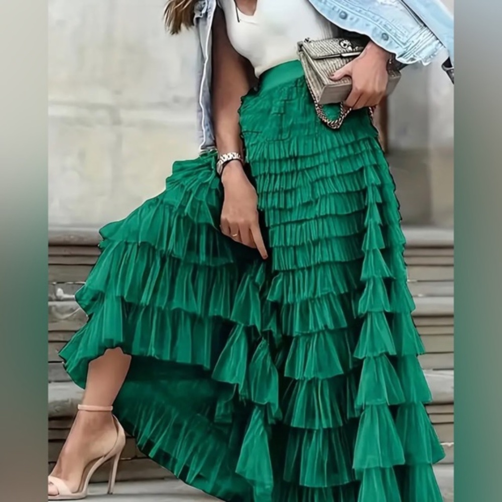 NWT ELEGANT MESH LAYERED HEM RUFFLE HIGH WAIST WOMEN'S GREEN SKIRT